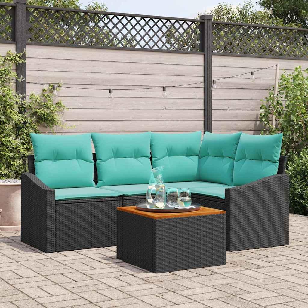 Havesofa Sæt med pude 5 stk Sort polyrattan