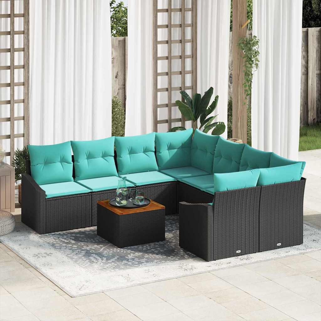 Havesofa Sæt med pude 9 stk Sort polyrattan