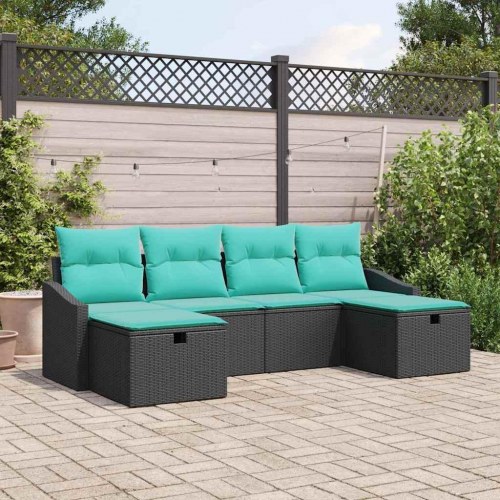 Havesofa Sæt med pude 6 stk Sort Poly rattan