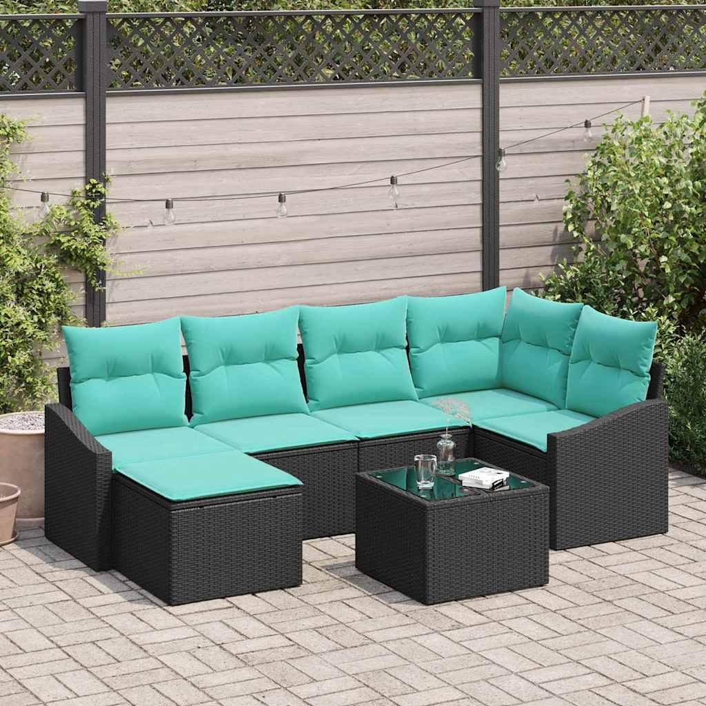 Sofa Sæt med pude 7 stk Sort polyrattan