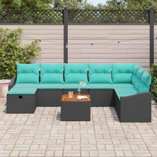 Havesofa Sæt med pude med opbevaring 9 stk Sort polyrattan