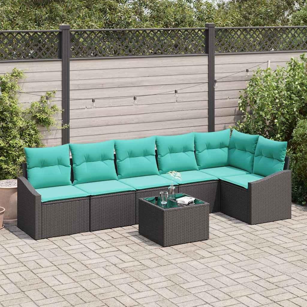 Sofa Sæt med pude 7 stk Sort polyrattan