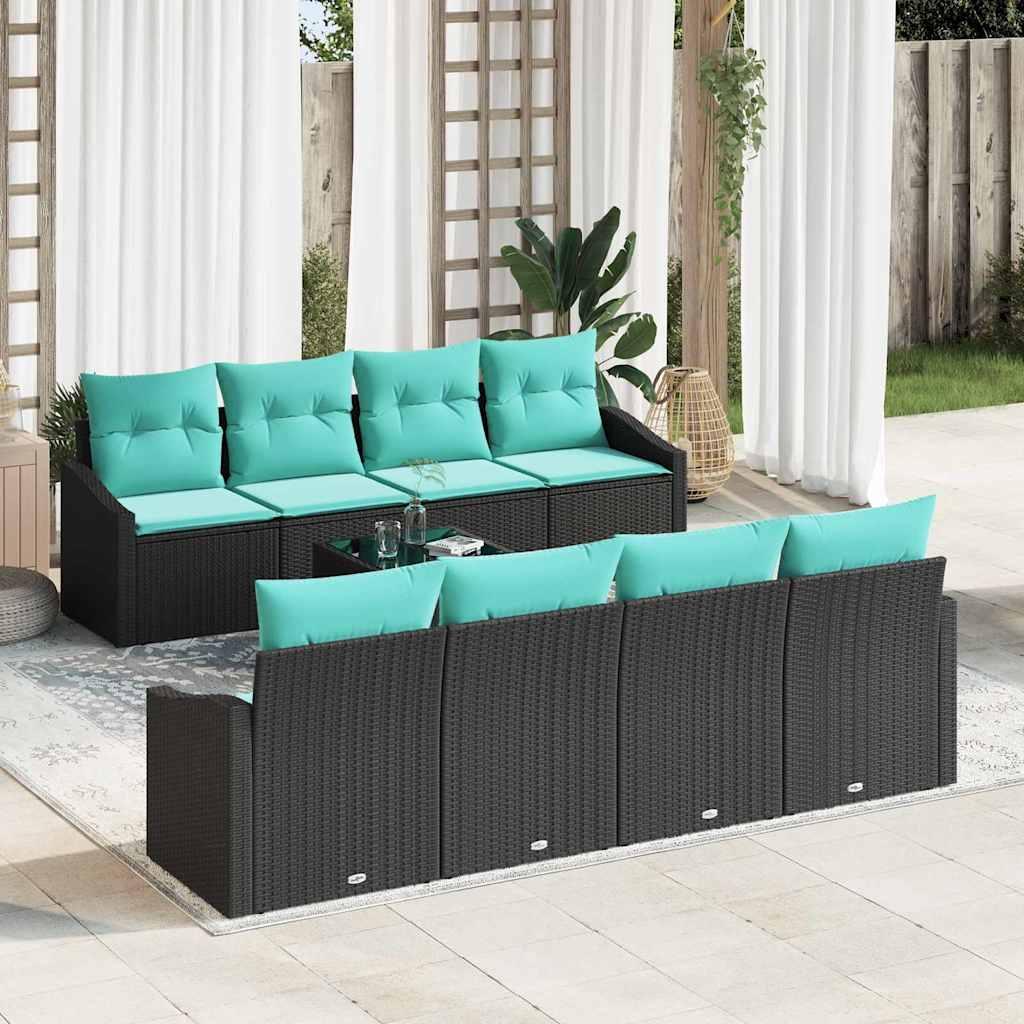 Sofa Sæt med pude med pude 9 stk Sort og Turkis polyrattan