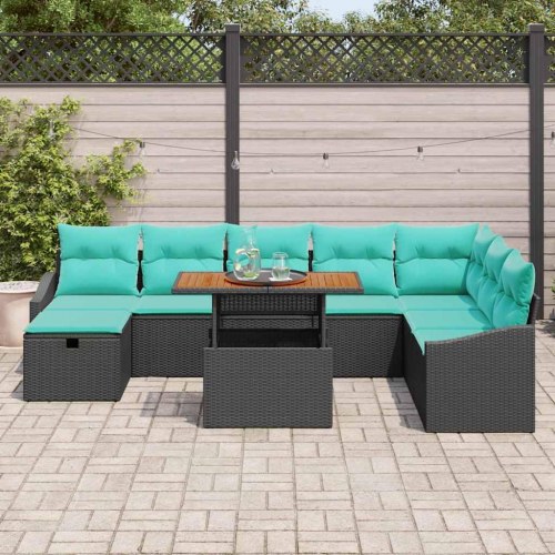 Havesofa Sæt med pude med opbevaring 9 stk Sort polyrattan
