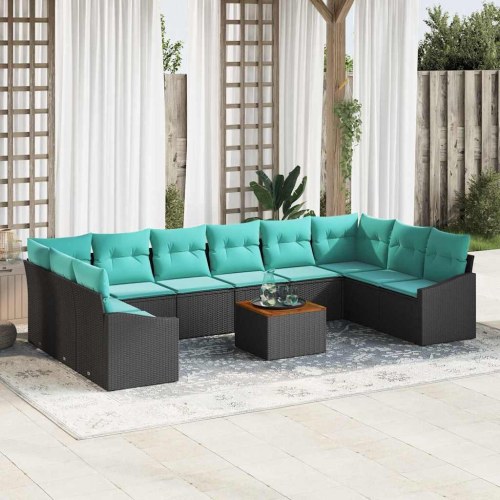 Havesofa Sæt med pude 11 stk Sort polyrattan