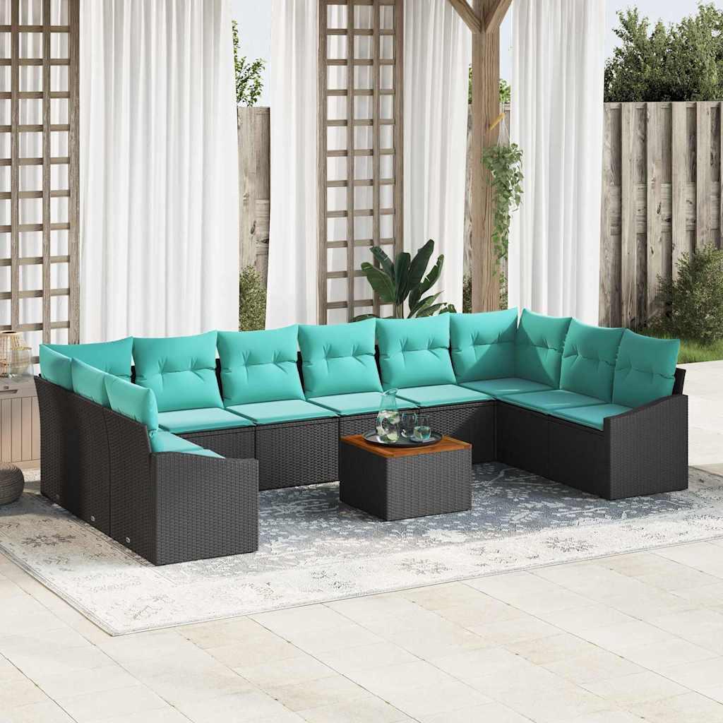 Havesofa Sæt med pude 11 stk Sort polyrattan