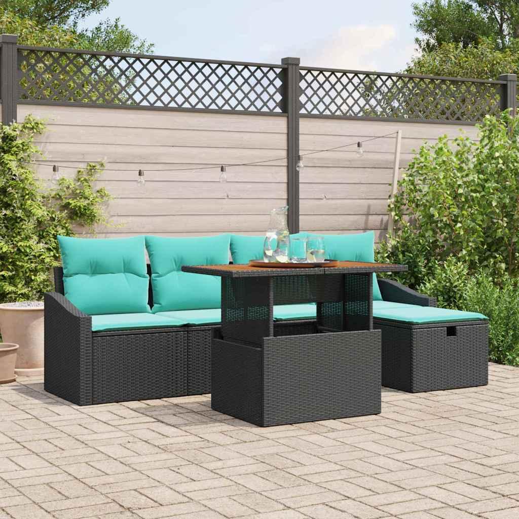 Havesofa Sæt med pude med opbevaring 6 stk Sort polyrattan