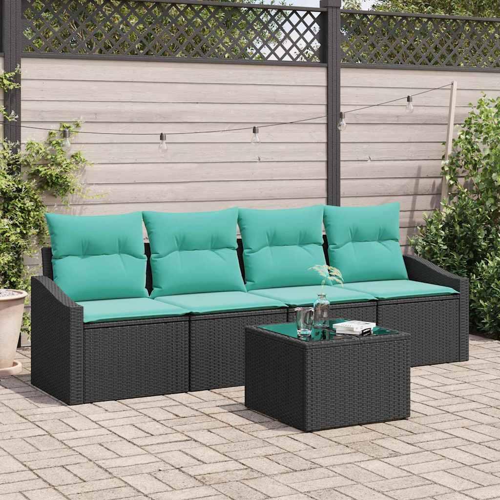 Sofa Sæt med pude med pude 5 stk Sort og Turkis polyrattan