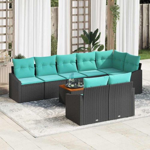 Havesofa Sæt med pude 9 stk Sort polyrattan