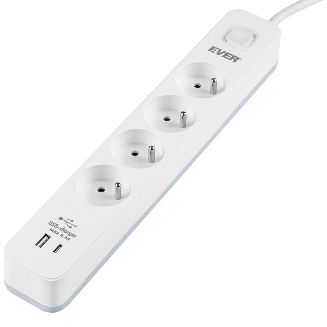 Ever Protect stikdåse 4 udtag med overspændingsbeskyttelse, 1×USB-A + 1×USB-C, 1,5 m - hvid