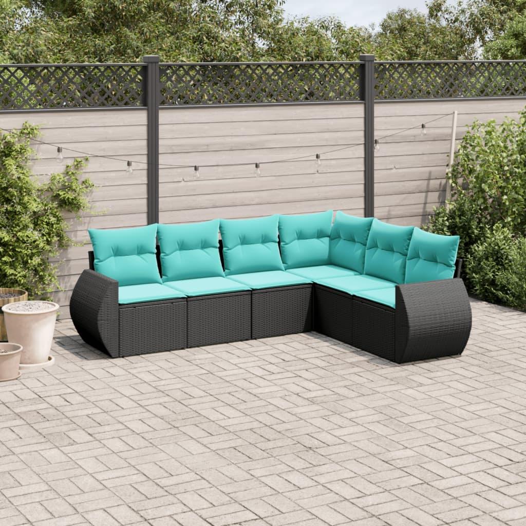 Havesofasæt i sort polyrattan med 6 blå hynder - modulært hjørnesæt
