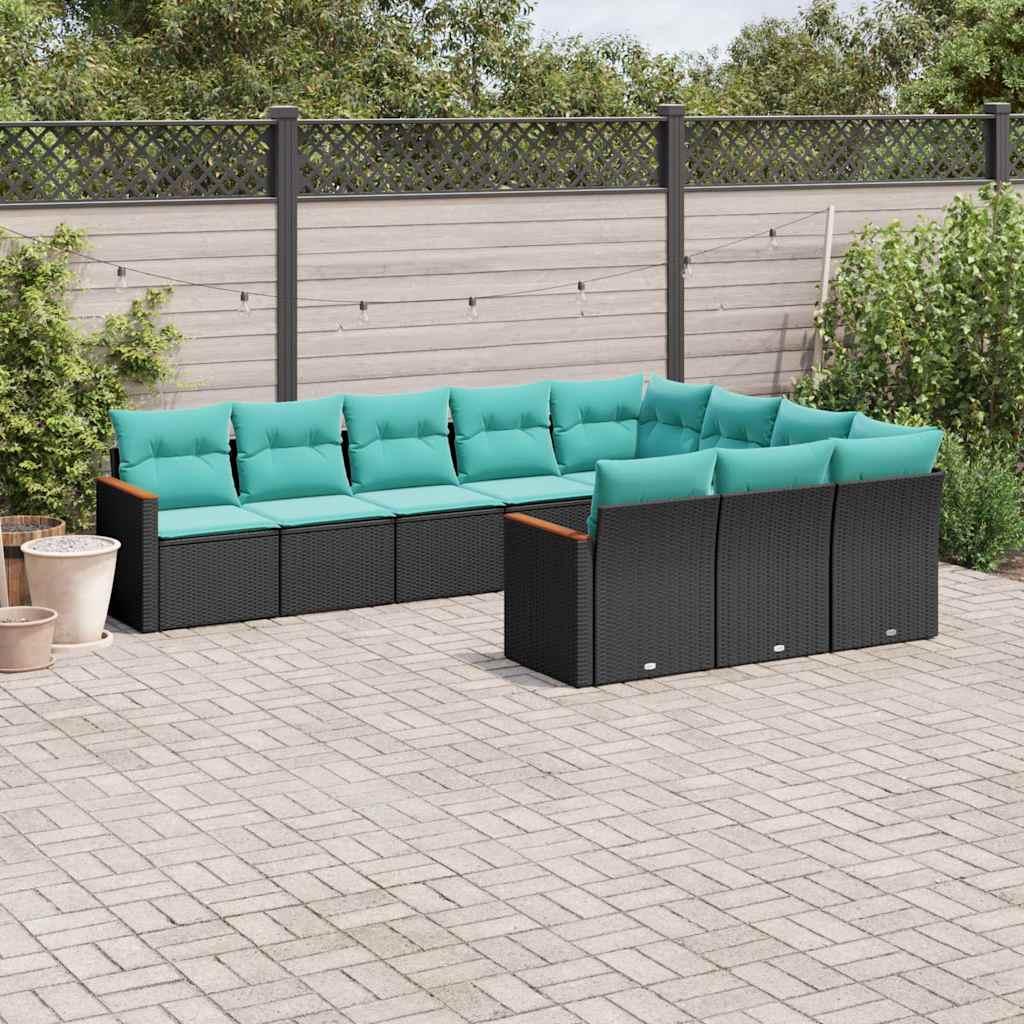 Havesofasæt i sort polyrattan med 10 blå hynder - modulært loungesæt