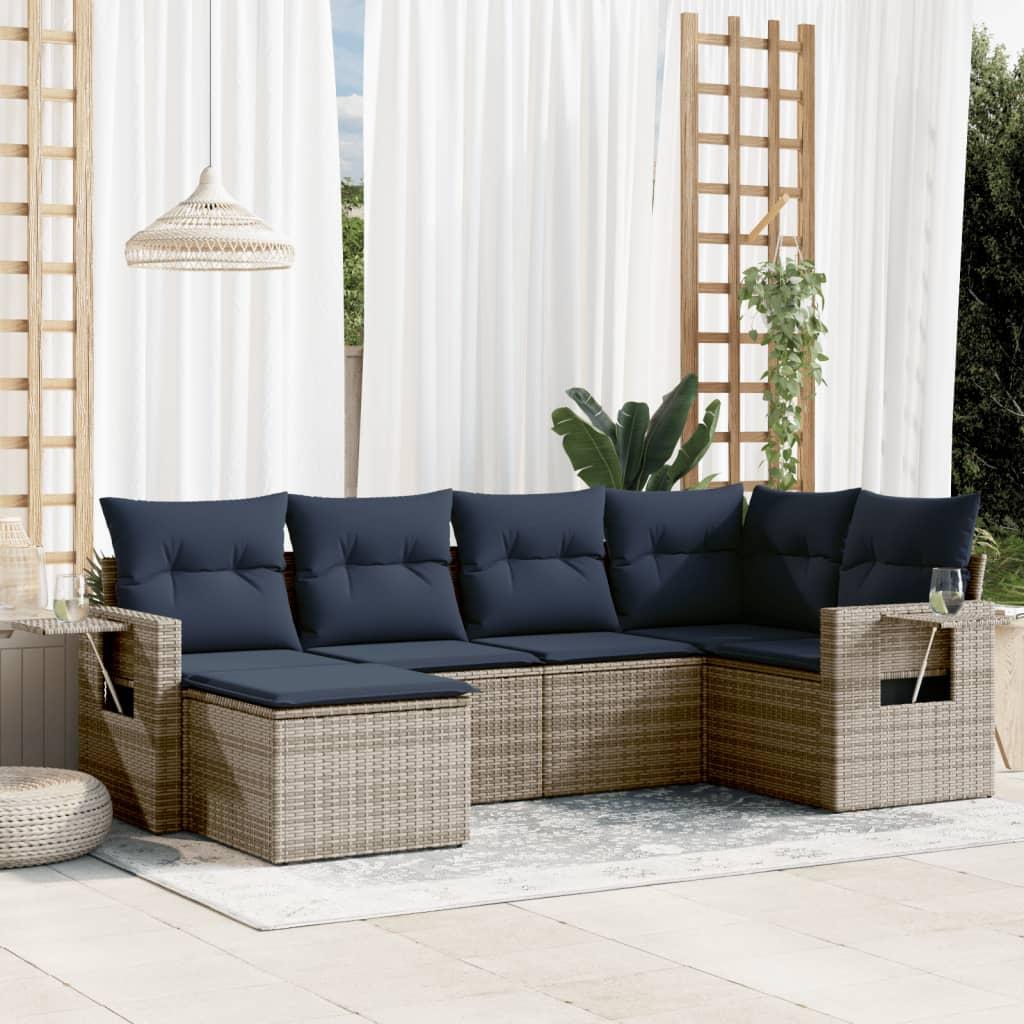Havesofasæt med 6 dele og hynder - grå polyrattan