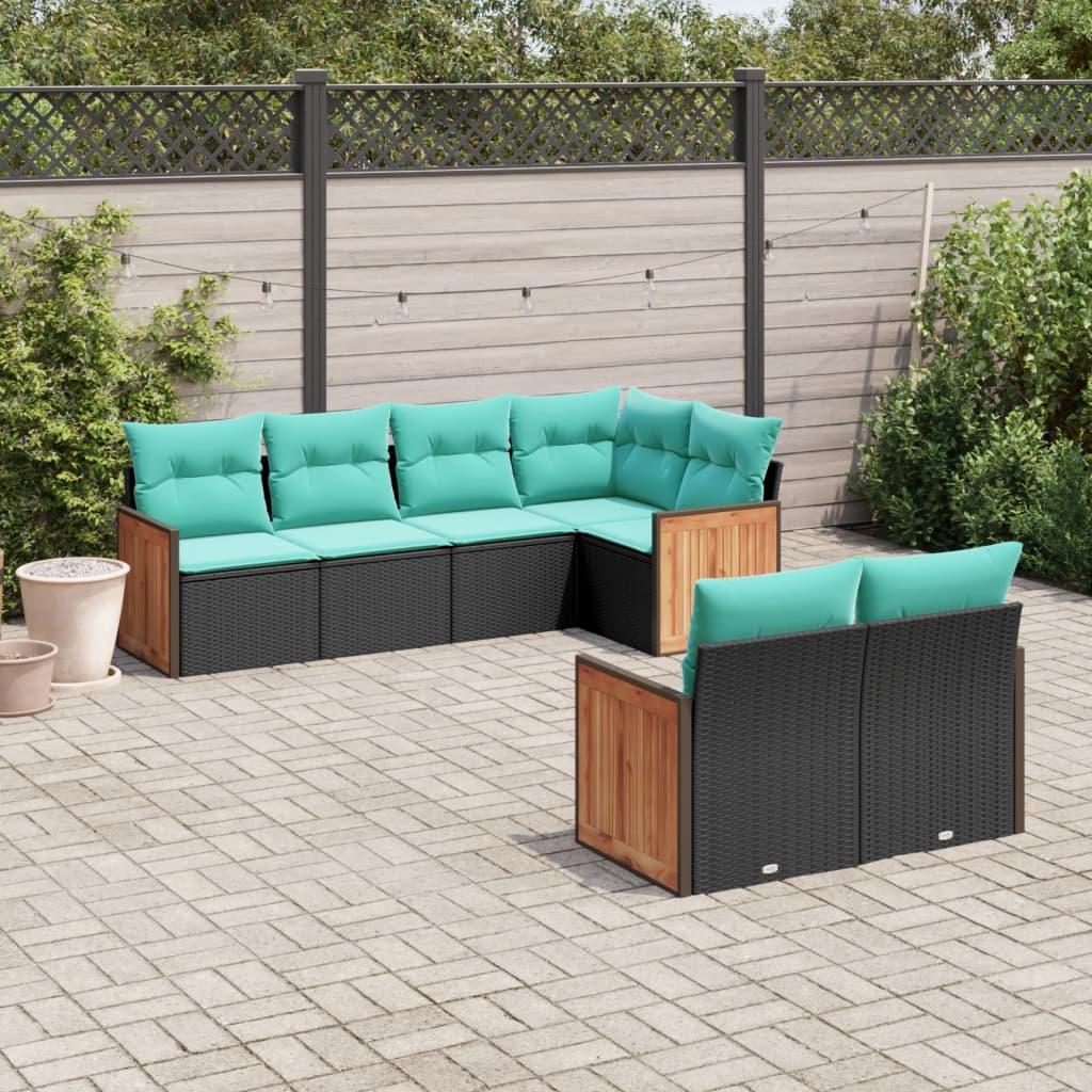 Havesofasæt i sort polyrattan med 7 blå hynder - modulært loungesæt