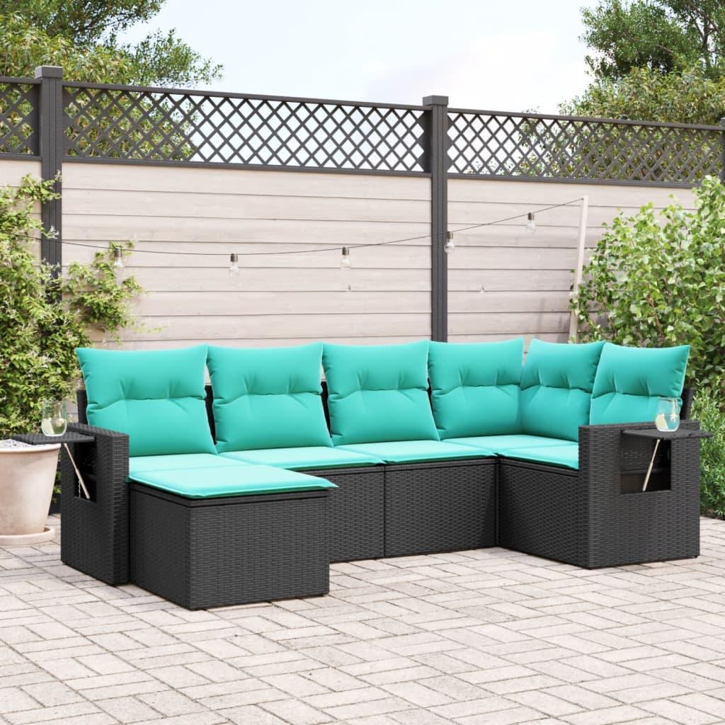 Havesofasæt i sort polyrattan med 6 blå hynder - modulært loungesæt