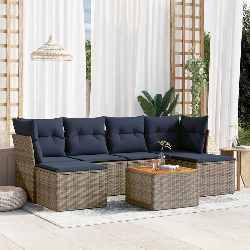 Havesofasæt i grå polyrattan - 7 dele med marineblå hynder og opbevaring