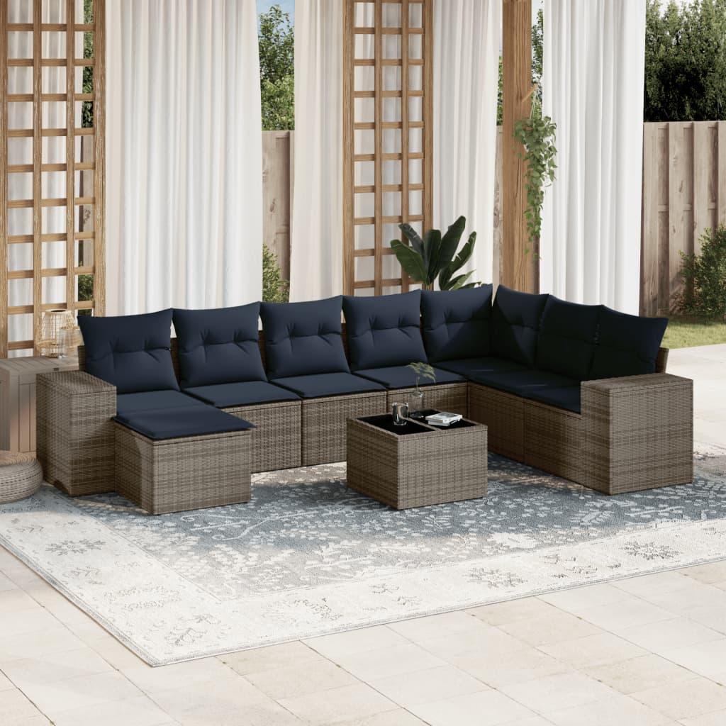 Havesofasæt i grå polyrattan med hynder - 9 dele, marineblå