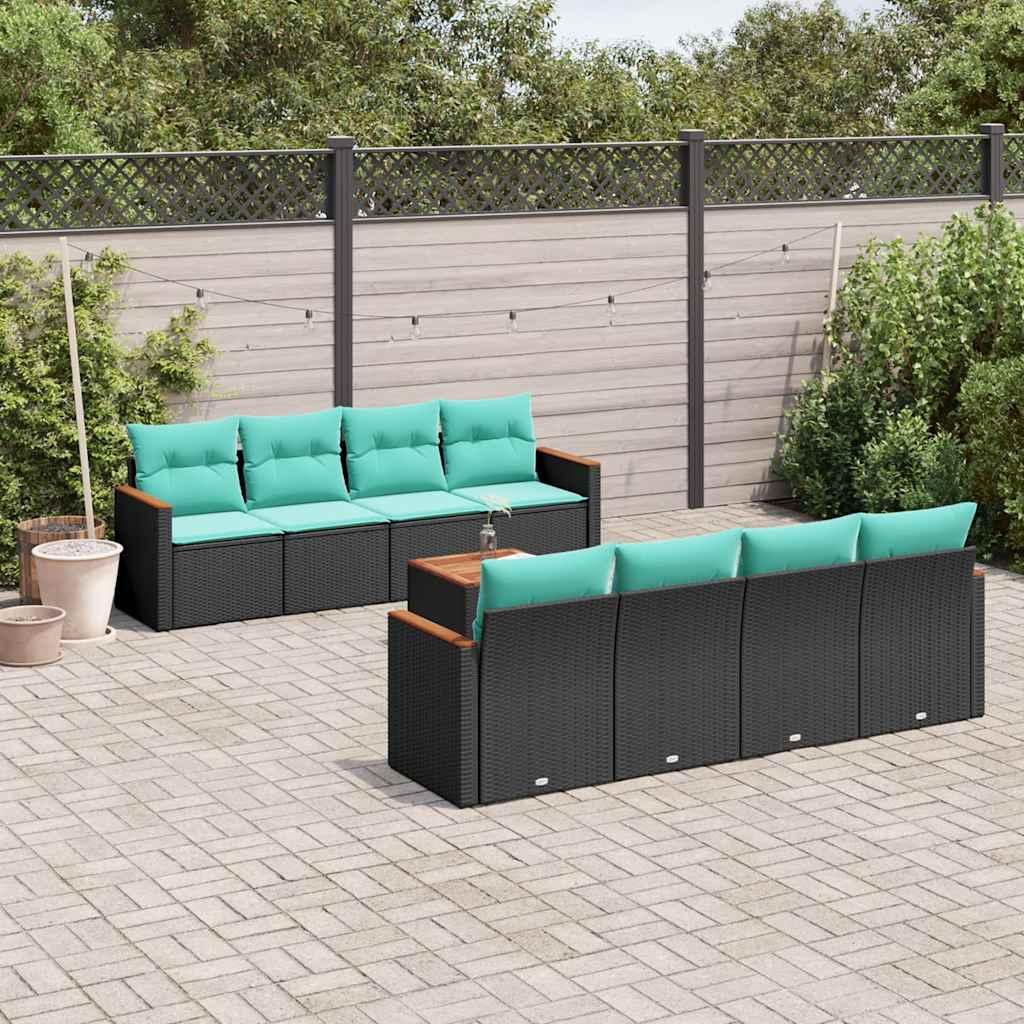 Havesofasæt i sort polyrattan med 9 dele og blå hynder - modulært loungesæt