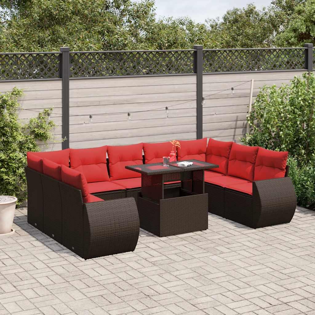 Havesofas��t i brun polyrattan med 10 røde hynder - modulopbygget hjørnesæt med løftbart bord