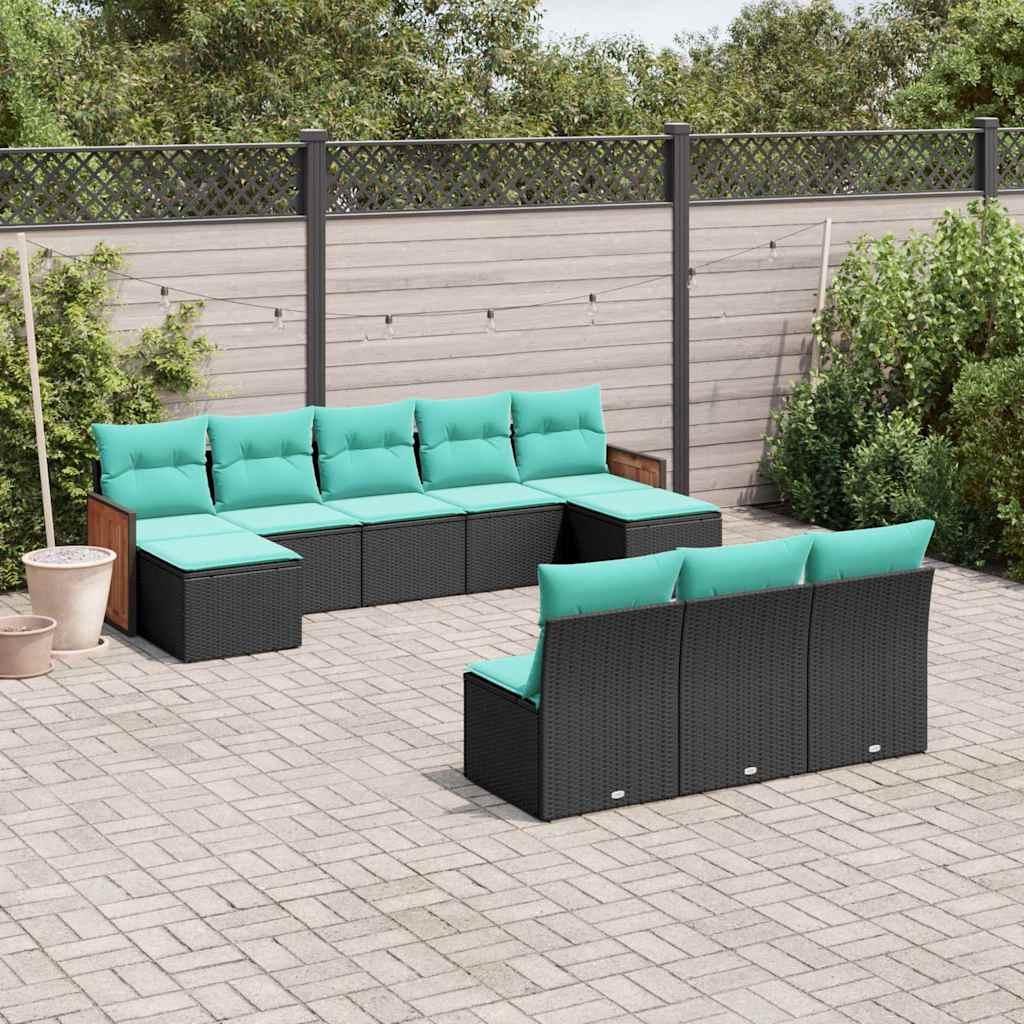 Havesofasæt i sort polyrattan med 10 blå hynder - modulopbygget