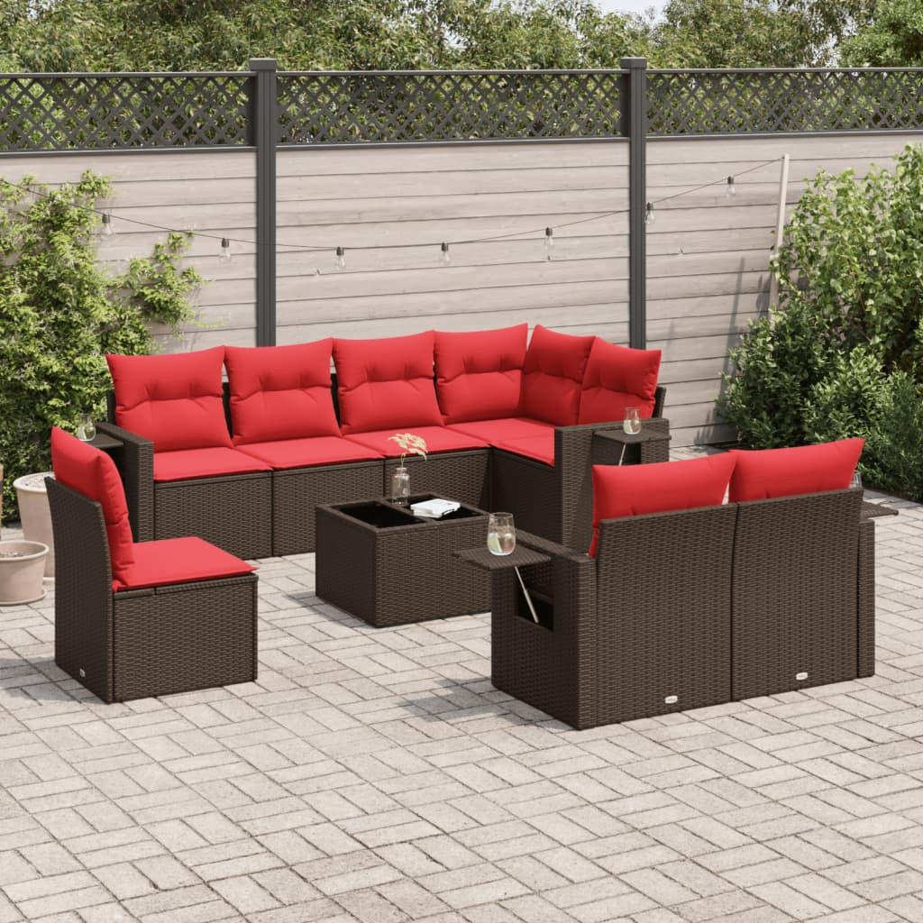 Havesofasæt i brun polyrattan med røde hynder - 9 dele, glasbord og foldbare sideborde