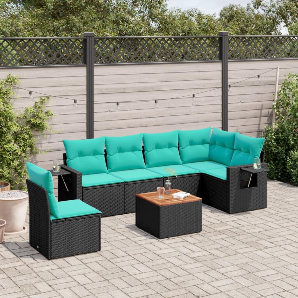 Havesofasæt i sort polyrattan med bord og 7 blå hynder - modulært loungesæt