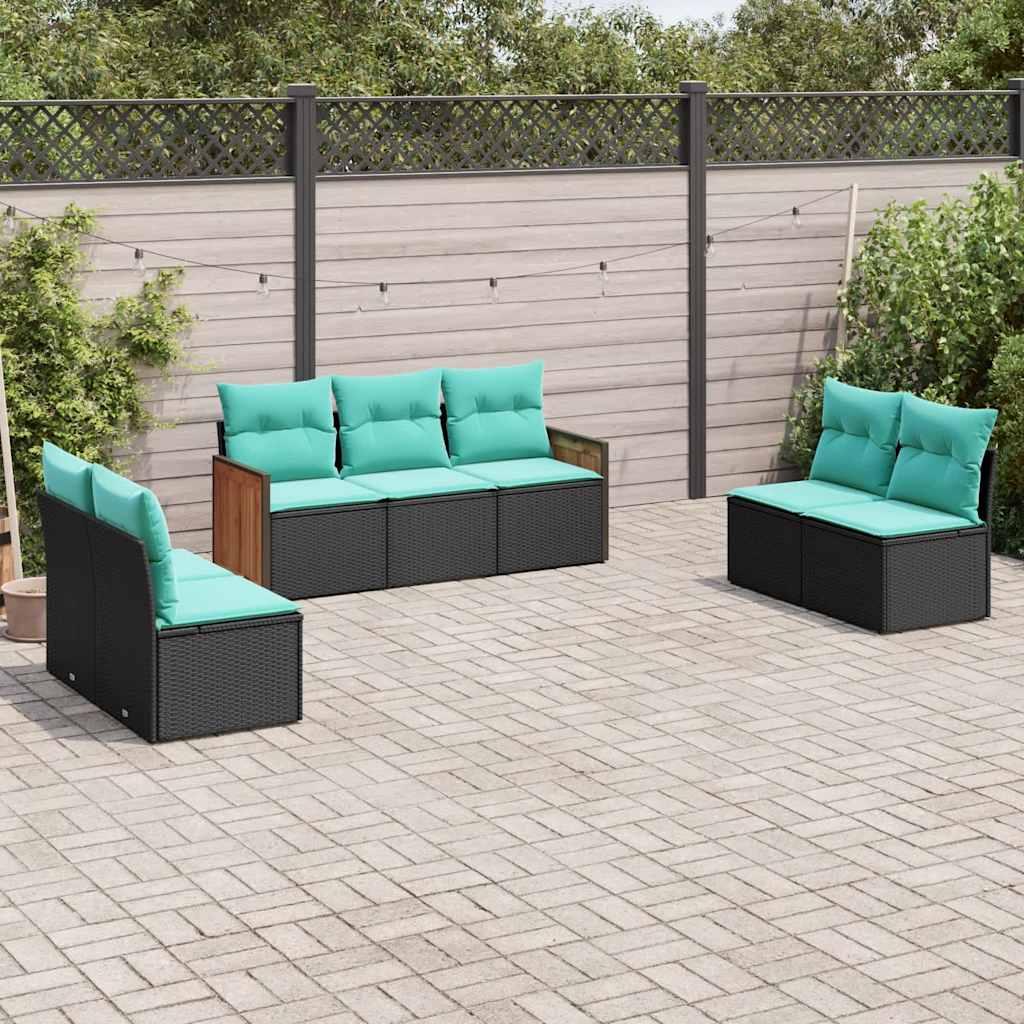 Havesofasæt i sort polyrattan med 7 blå hynder - modulært