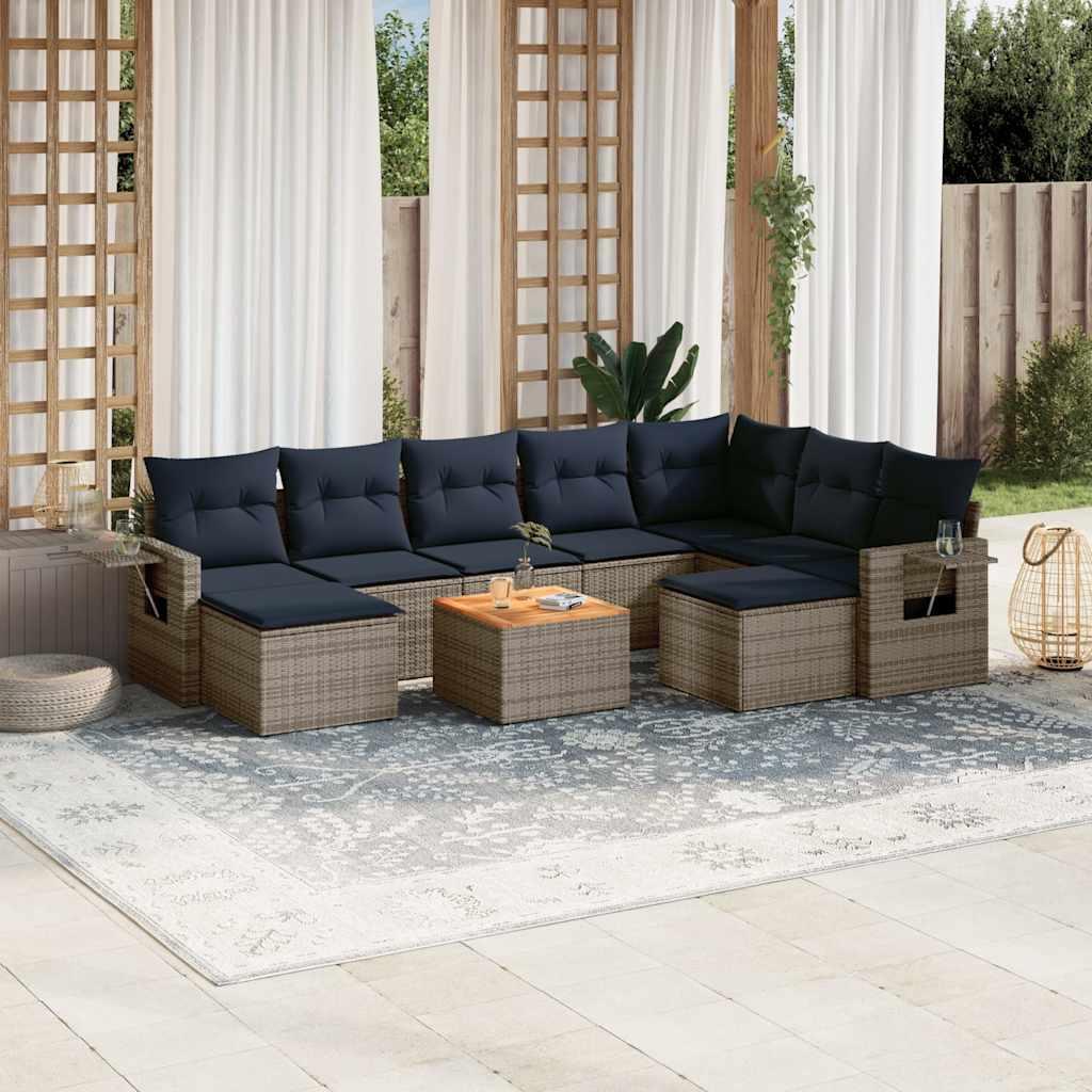 Havesofasæt i grå polyrattan - 10 dele med marineblå hynder