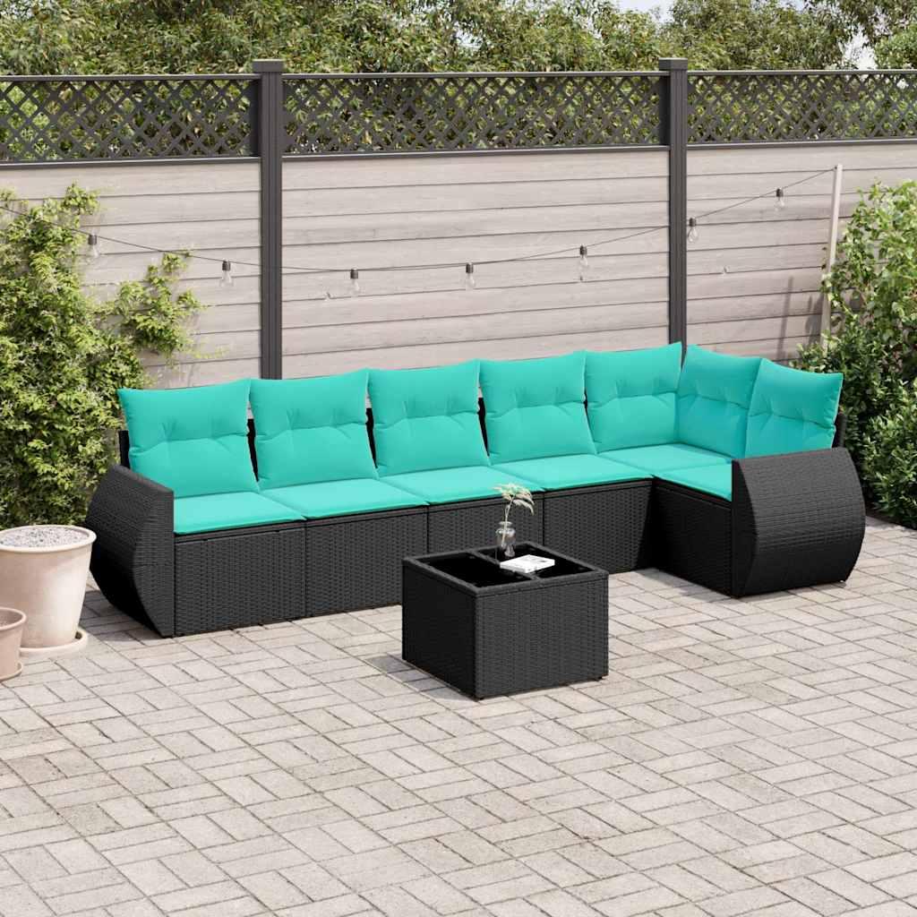 Havesofasæt i sort polyrattan med blå hynder - modulært loungesæt med bord