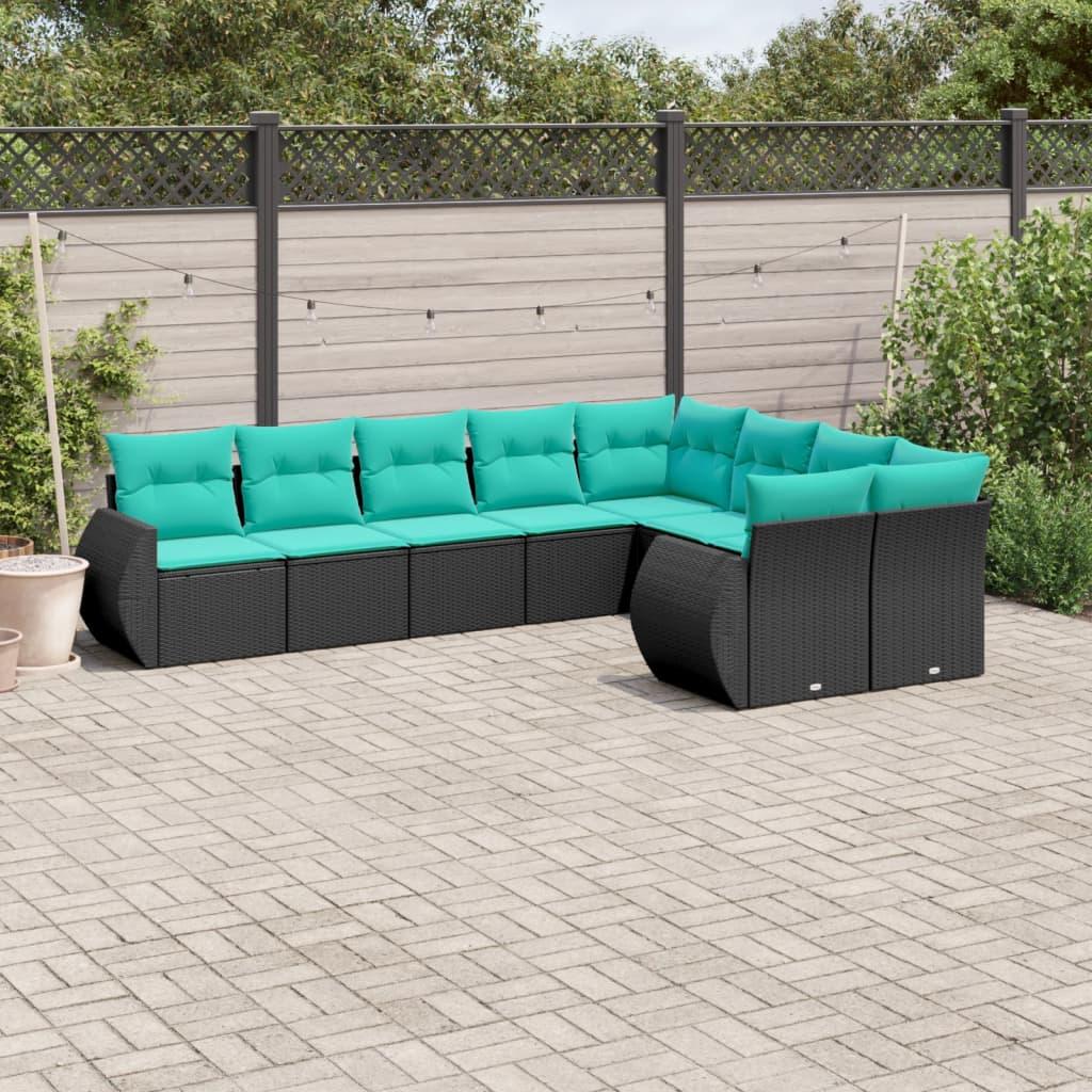 Havesofasæt med 9 dele i sort polyrattan med blå hynder