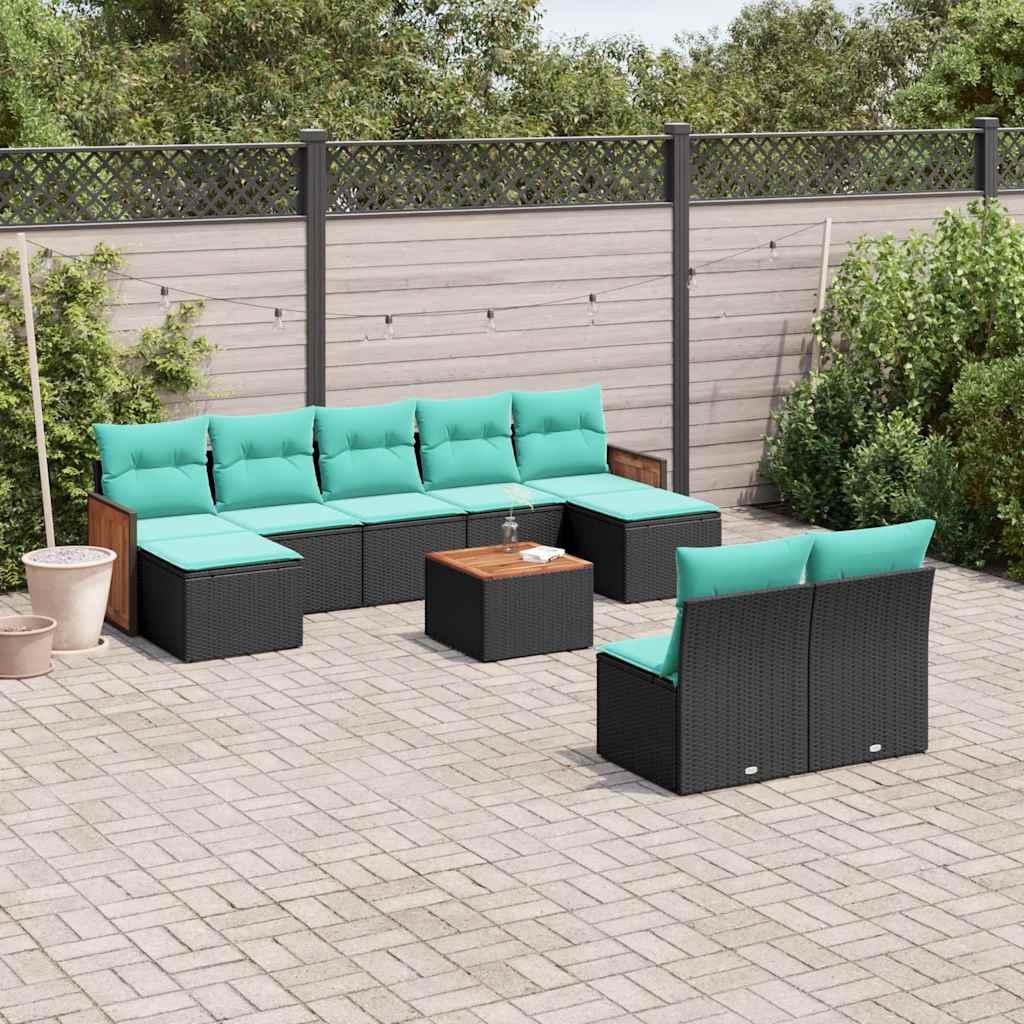 Havesofasæt i sort polyrattan med 10 blå hynder - modulært loungesæt