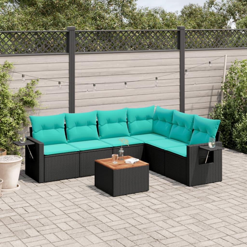 Havesofasæt i sort polyrattan med bord og 7 blå hynder - modulært loungesæt
