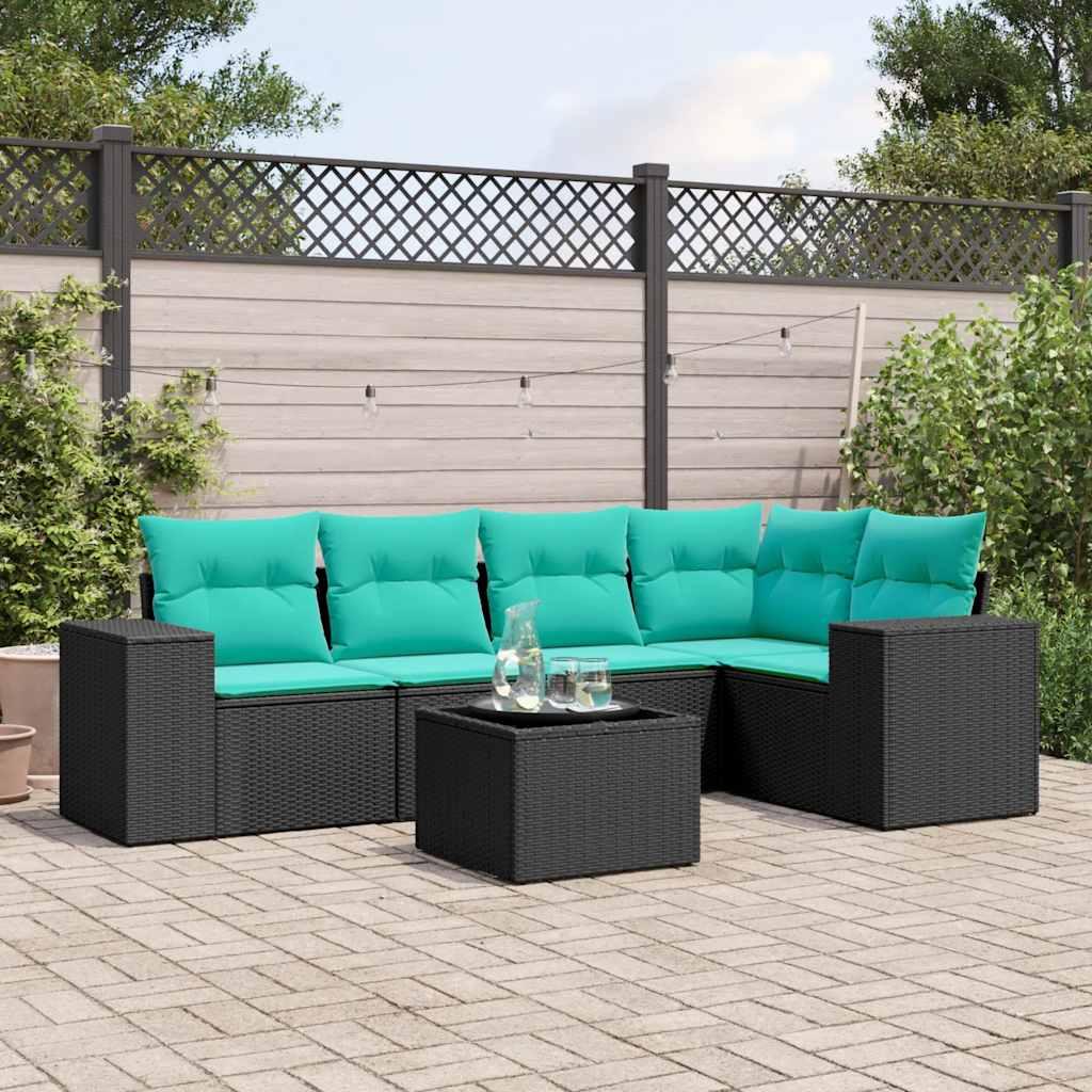 Havesofasæt i sort polyrattan med glasbord og 6 blå hynder - modulært loungesæt
