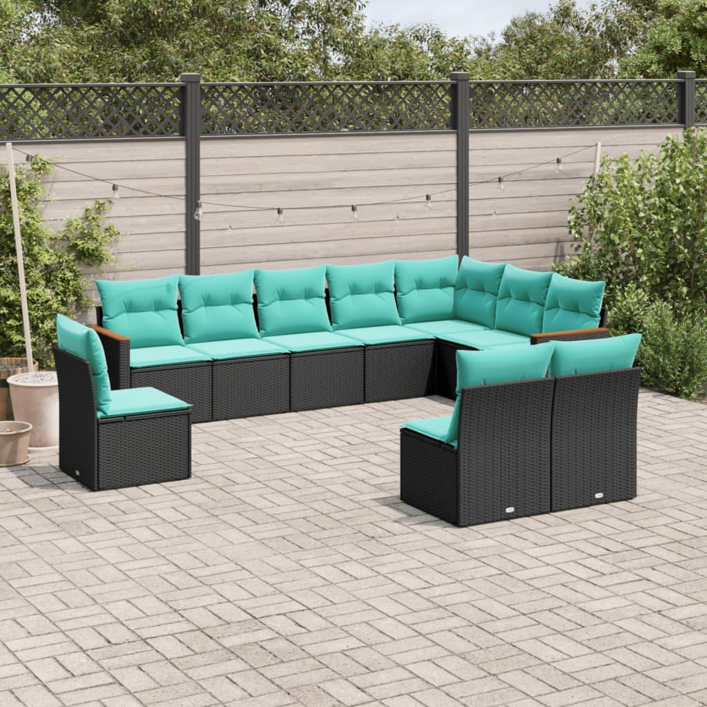 Havesofasæt i sort polyrattan med 10 blå hynder - modulært loungesæt