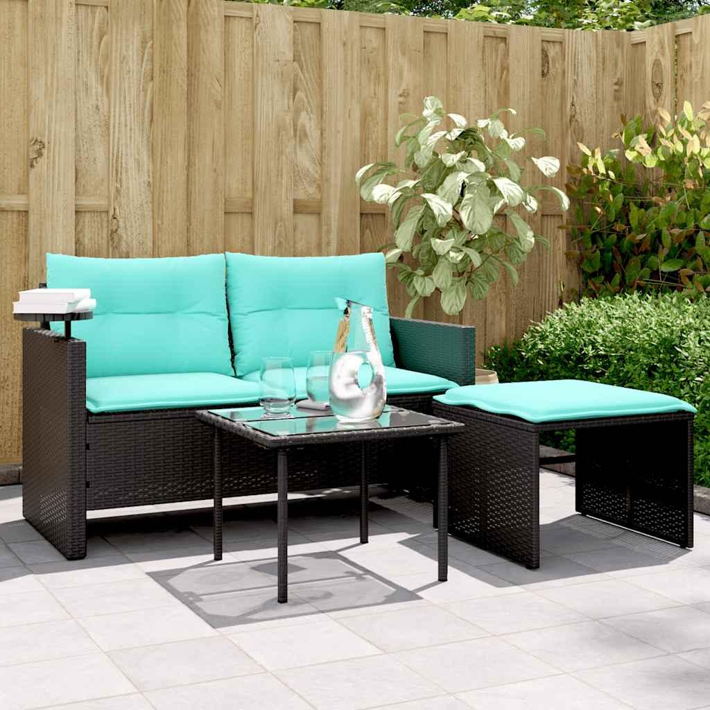Havesofasæt 3 dele med hynder sort polyrattan