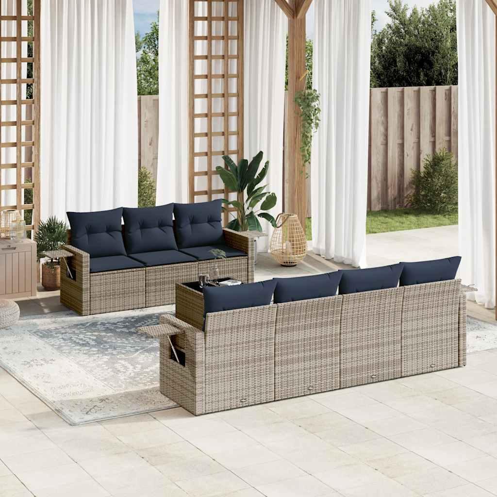 Havesofasæt i grå polyrattan med 8 marineblå hynder - modulært