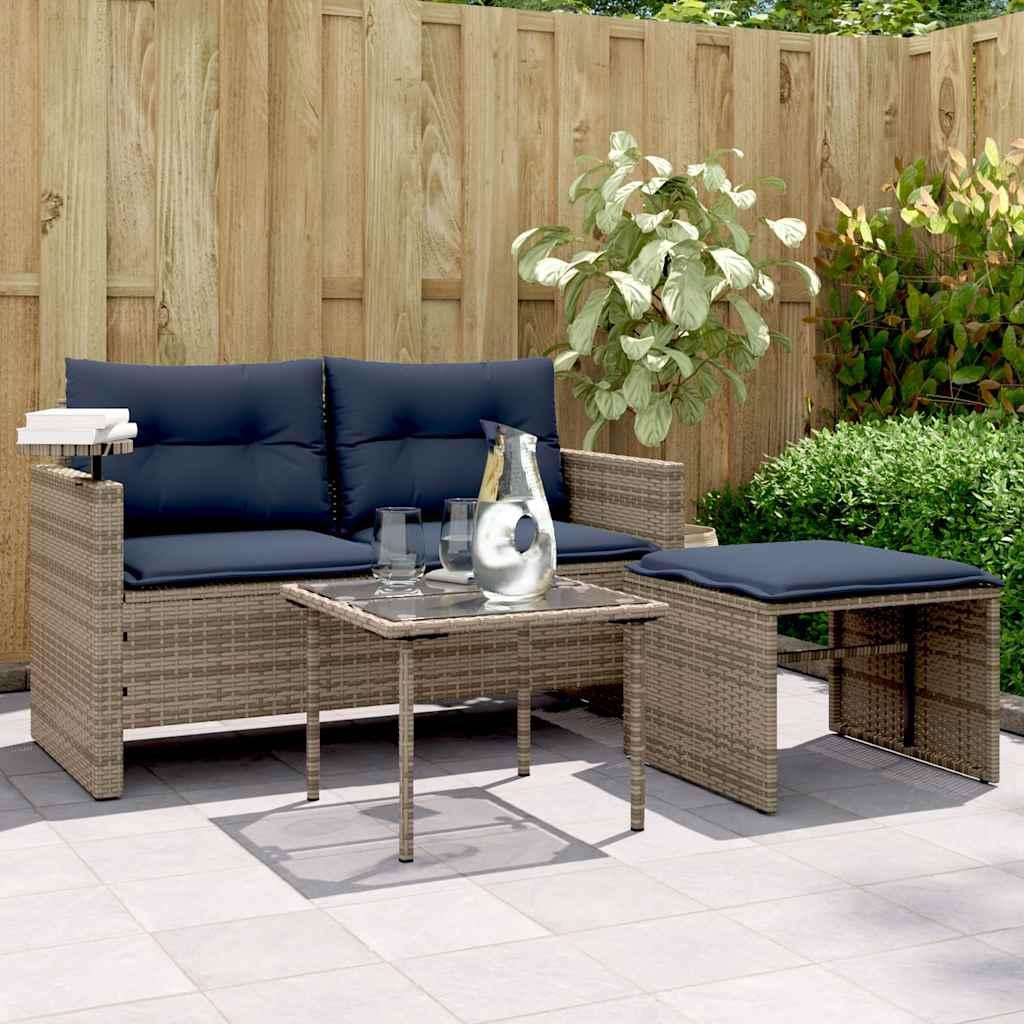 Havesofasæt 3 dele med hynder grå polyrattan