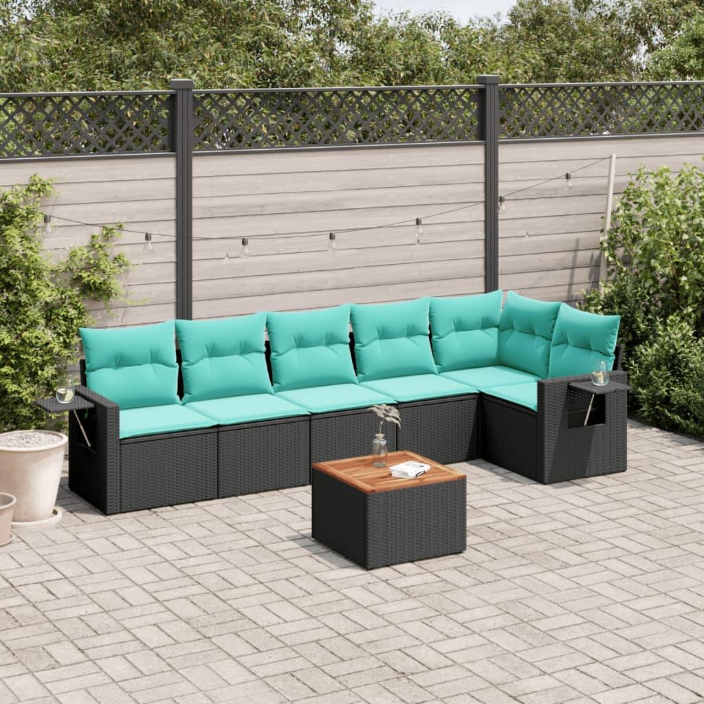 Havesofasæt i sort polyrattan med 7 blå hynder - modulært loungesæt med bord