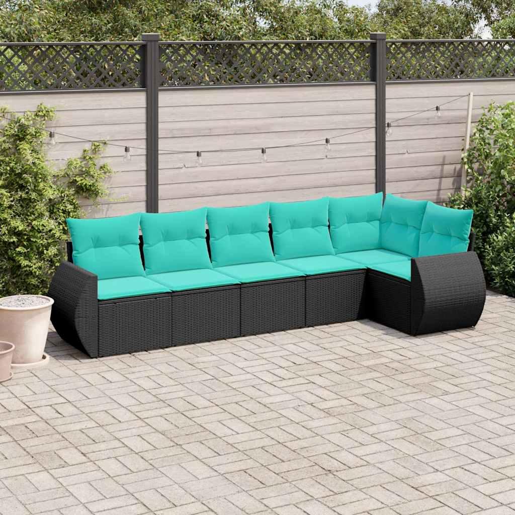 Havesofasæt i sort polyrattan med 6 blå hynder - modulært loungesæt