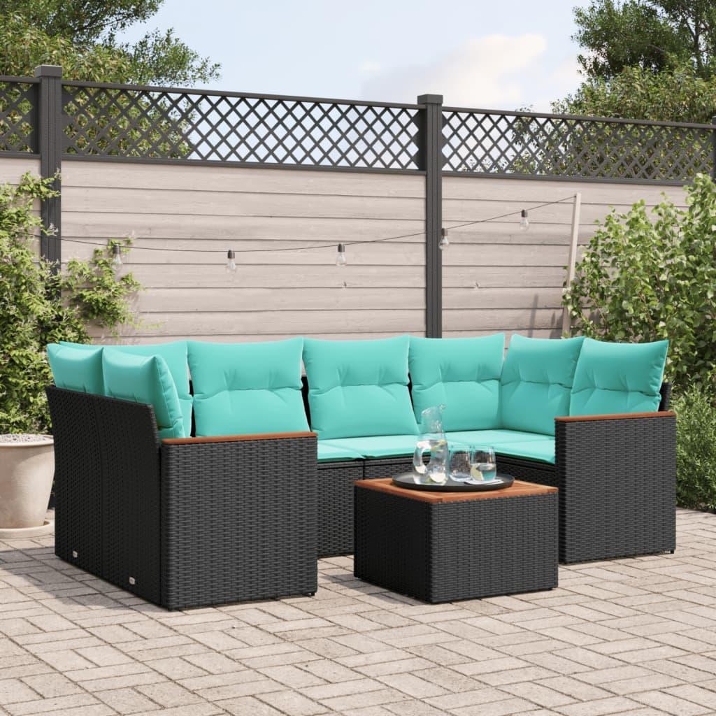 Havesofasæt i sort polyrattan med akacietræs-bord - 7 hynder, modulopbygget