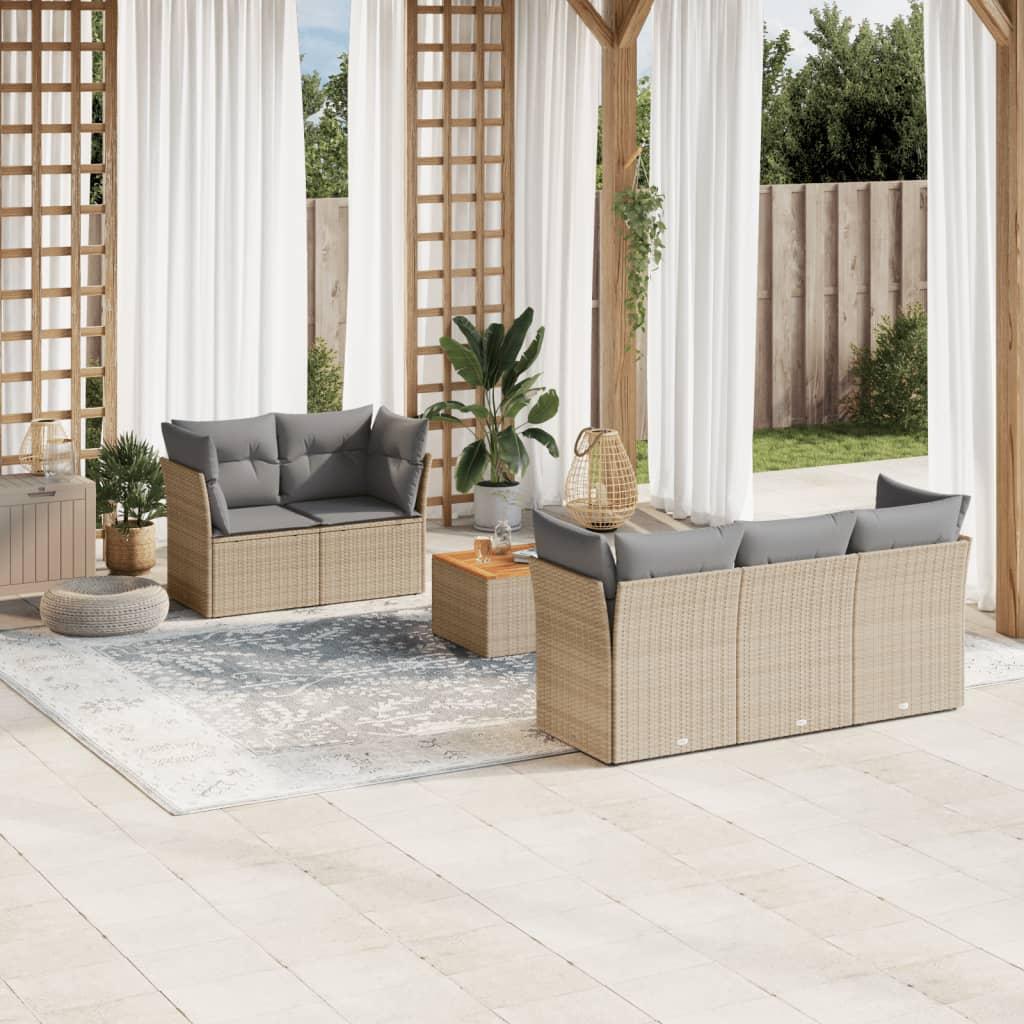 Havesofasæt med 6 dele og hynder blandet beige polyrattan