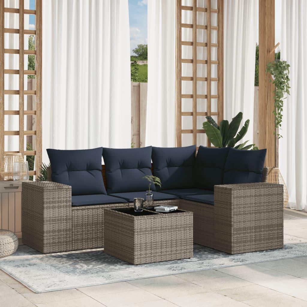 Havesofasæt i 5 dele med hynder - grå polyrattan, marineblå puder