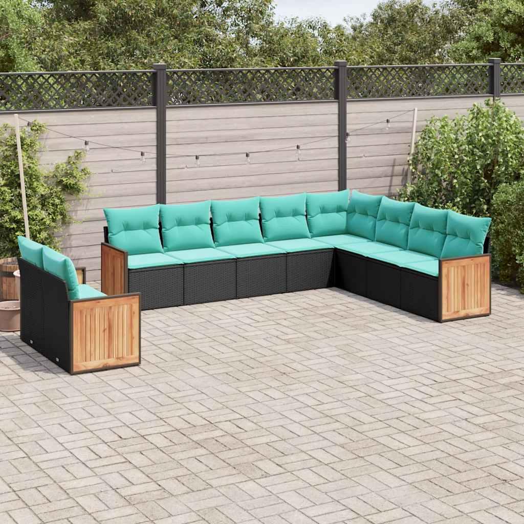 Havesofasæt i sort polyrattan med 10 blå hynder - modulopbygget
