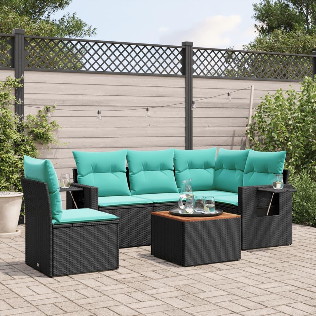 Havesofasæt i sort polyrattan med 6 blå hynder - modulært loungesæt