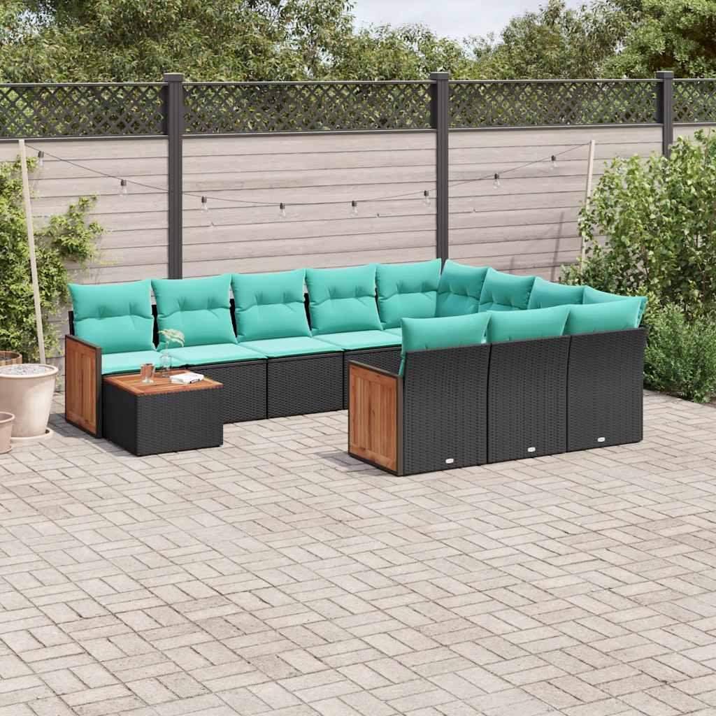 vidaXL 11-delt havesofasæt med hynder sort polyrattan