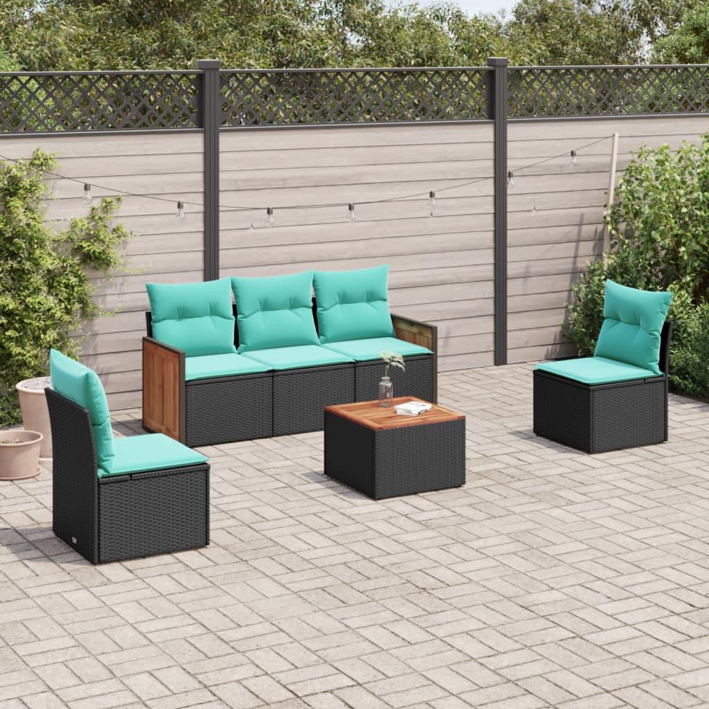 Havesofasæt i sort polyrattan med 6 blå hynder - modulært loungesæt