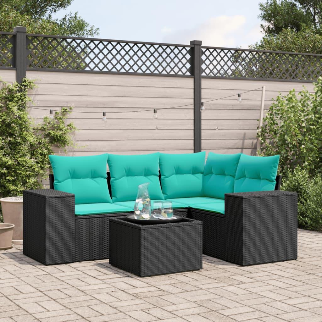 Havesofasæt i sort polyrattan med blå hynder - 5 dele, modulært loungesæt med glasbord