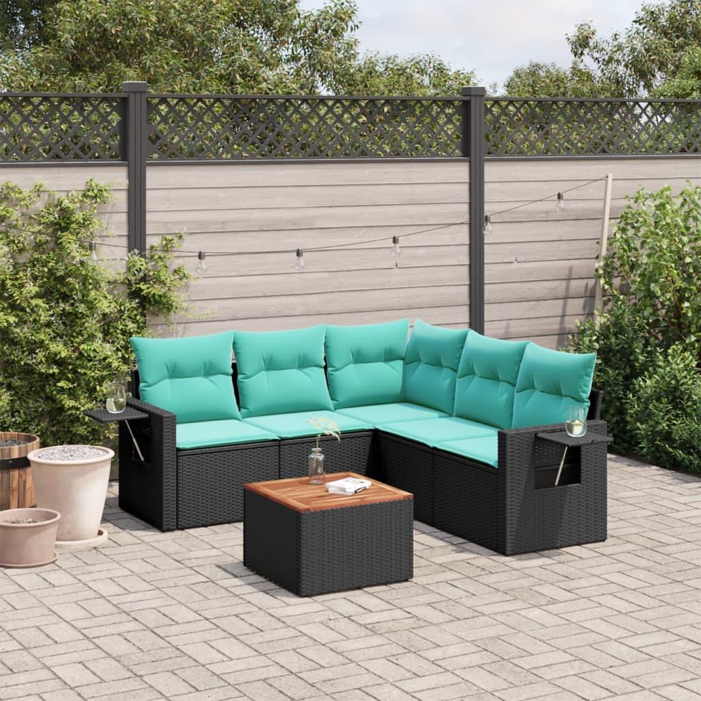 Havesofasæt i sort polyrattan med 6 blå hynder - modulært loungesæt