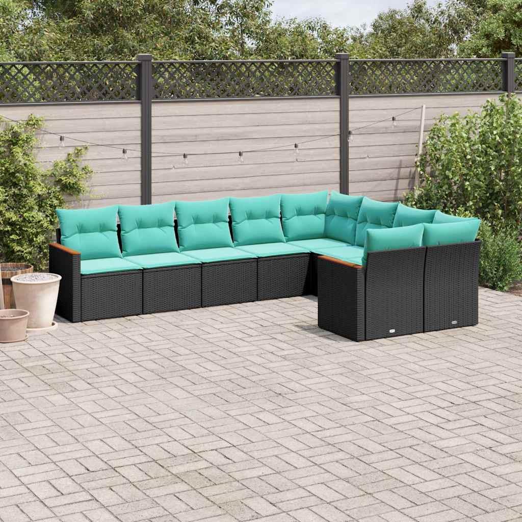 Havesofasæt i sort polyrattan - 9 dele med blå hynder