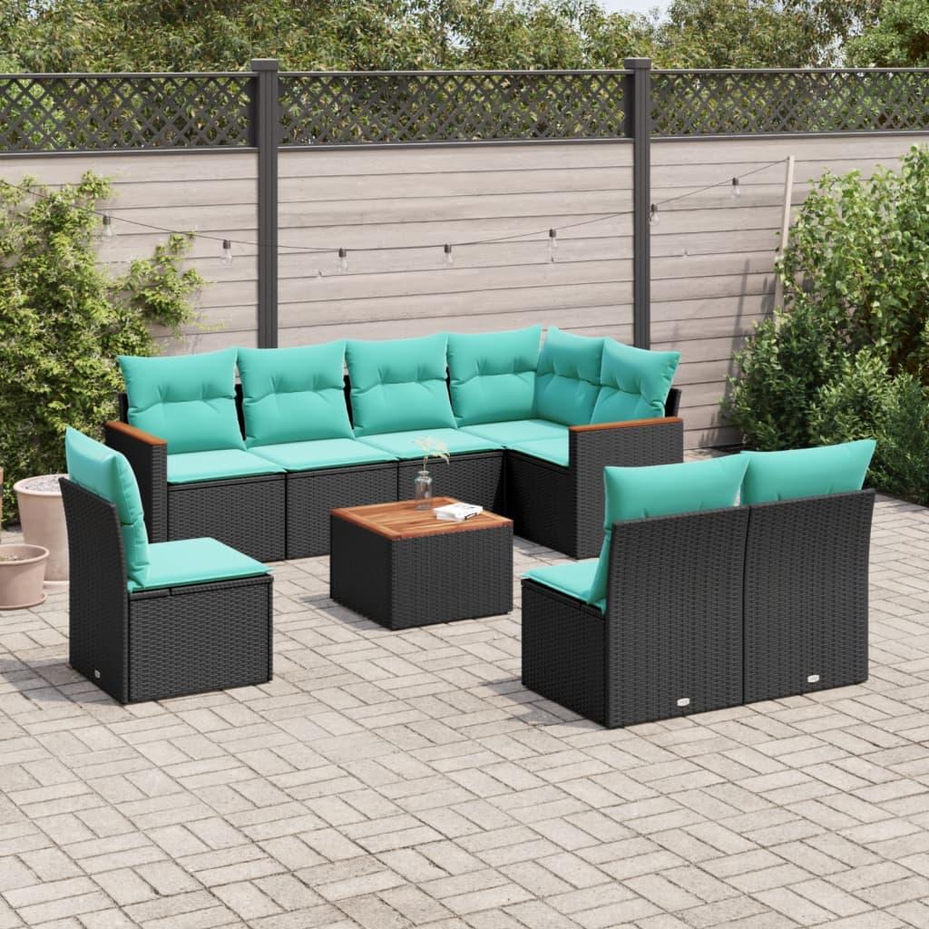 Havesofasæt i sort polyrattan med hynder - 9 dele, modulært